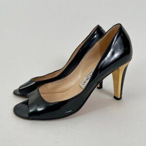 Jimmy Choo Black Patent Leather Peeptoe Pumps With Gold Detail, Size 37 (7)